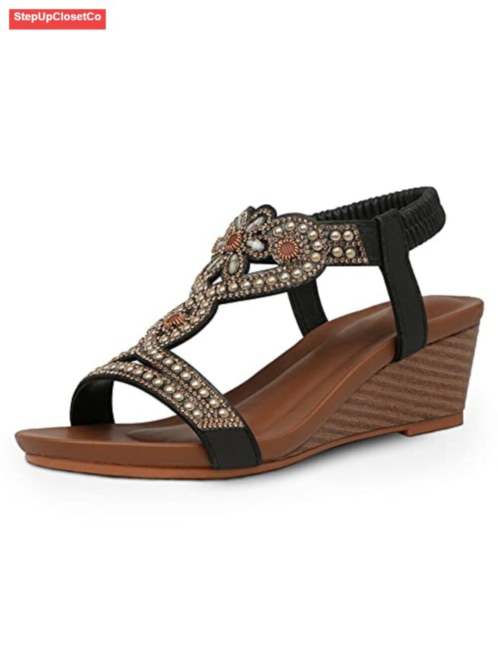 Rhinestone Slide Wedge Platform Sandal Open Toe Slingback PU Mesh